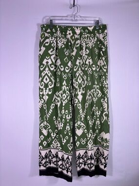 Haute Hippie Green & Cream Boho Wide Leg Pants Elastic Waist 1X Flowy Resort